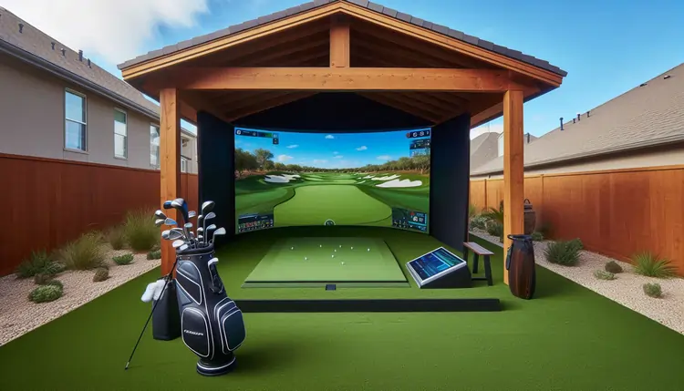 Guests gathered around the TeePop golf simulator at an outdoor evening event